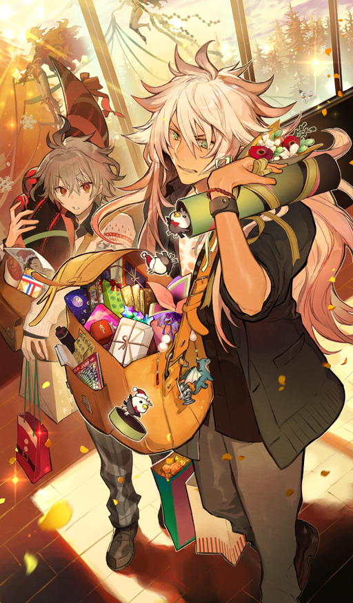 1girl 3boys bag black_shirt black_shoes bow box bracelet brown_pants brown_shoes chest_markings christmas commentary demon_pillar_(fate) diffraction_spikes falling fate/grand_order fate_(series) flower flower_request flying from_above gift gift_bag gift_box glowing green_eyes green_sweater grey_hair hair_between_eyes hat hippogriff_(fate) holding holding_bag indoors ishtar_(fate) itefu jacket jewelry karna_(fate) long_hair long_sleeves male_focus medium_hair multiple_boys official_alternate_costume official_art open_bag open_clothes open_jacket orange_bag pants paper parted_lips petals plaid_clothes plaid_pants red_bag red_bow red_eyes red_flower red_ribbon ribbon saint_quartz_(fate) santa_hat shirt shoes sidelocks sieg_(fate) siegfried_(fate) snowflakes sparkle sweater teeth third-party_source too_many too_many_bags tree tube walking white_flower white_hair white_sweater window