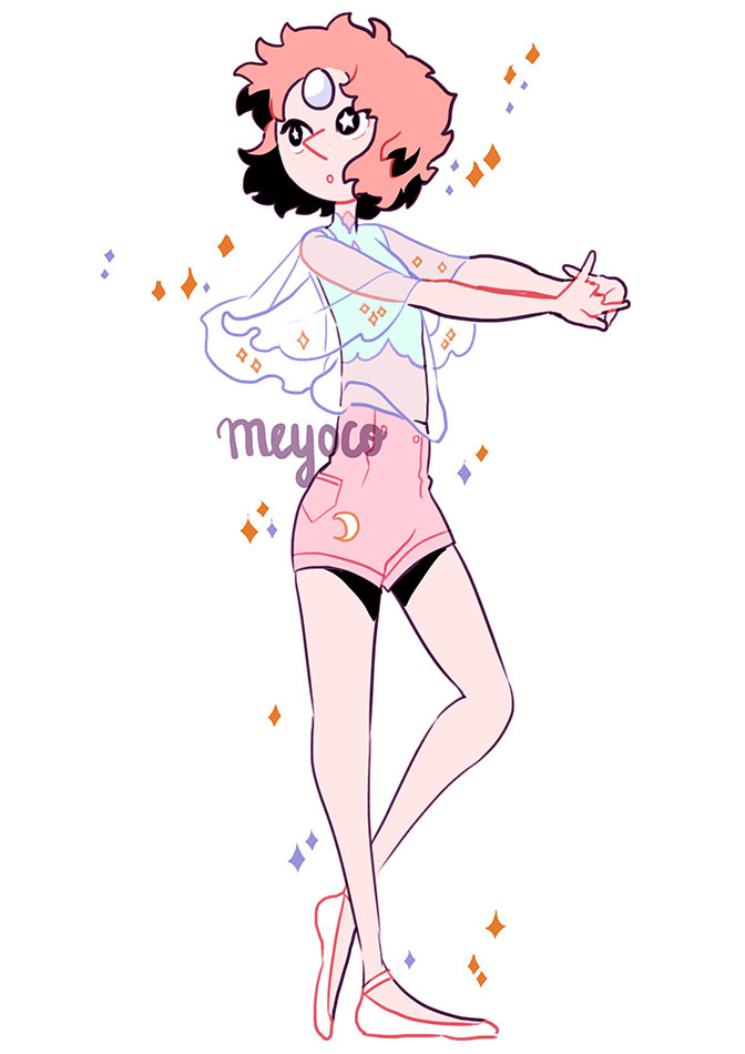 1girl flats forehead_jewel gem meyoco pearl_(gemstone) pearl_(steven_universe) pink_hair pink_shorts short_hair shorts skinny skirt solo steven_universe