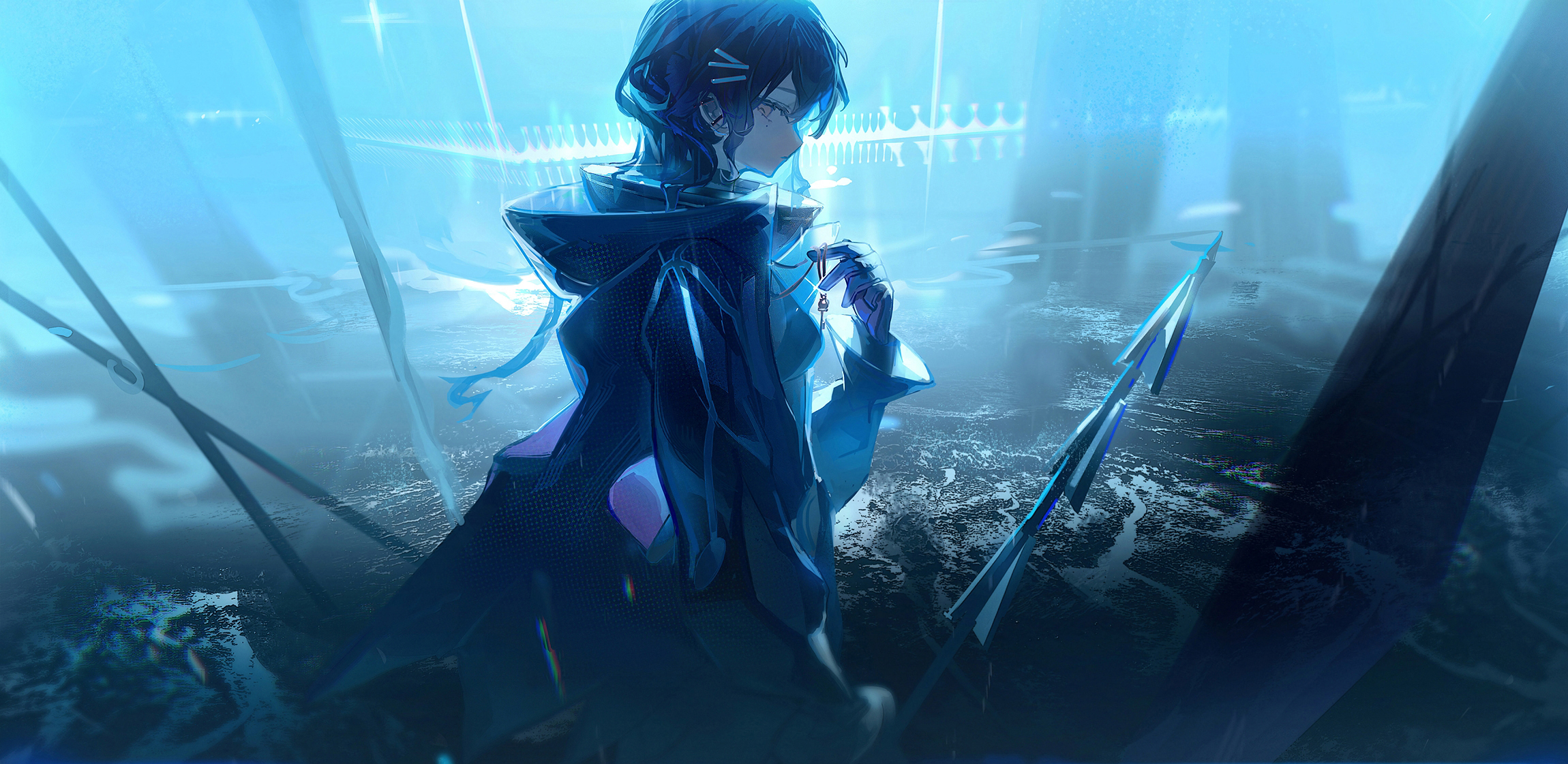 1girl aona_(ns) black_hair closed_mouth girls&#039;_frontline girls&#039;_frontline_neural_cloud hair_ornament hairpin hatsuchiri_(neural_cloud) highres holding holding_polearm holding_weapon long_hair looking_at_viewer mole mole_under_eye multiple_hairpins polearm solo weapon
