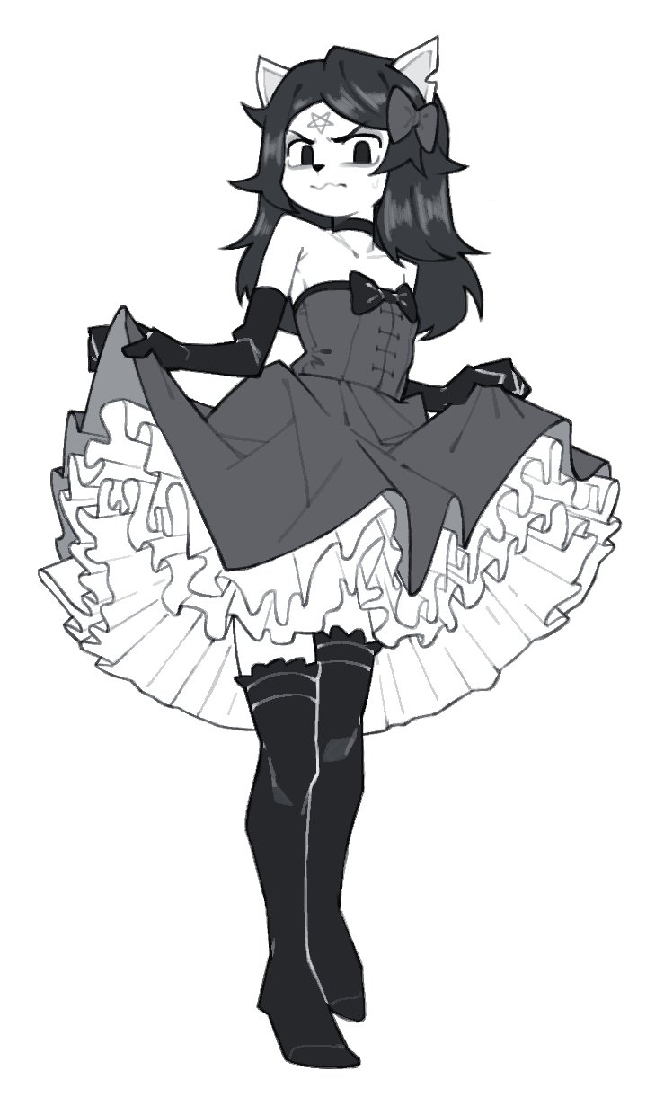 1girl animal_ears animal_nose bare_shoulders black_choker black_eyes black_thighhighs bow cat_ears choker claire_d&#039;lune closed_mouth collarbone dress dress_bow elbow_gloves flat_chest frilled_dress frills fujimna full_body gloves hair_bow highres inverted_pentagram lace lace-trimmed_thighhighs lace_trim long_hair looking_at_viewer messy_hair no_pupils no_shoes petticoat simple_background skirt_hold solo standing straight_hair strapless strapless_dress the_summoning thighhighs v-shaped_eyebrows wavy_mouth white_background zettai_ryouiki