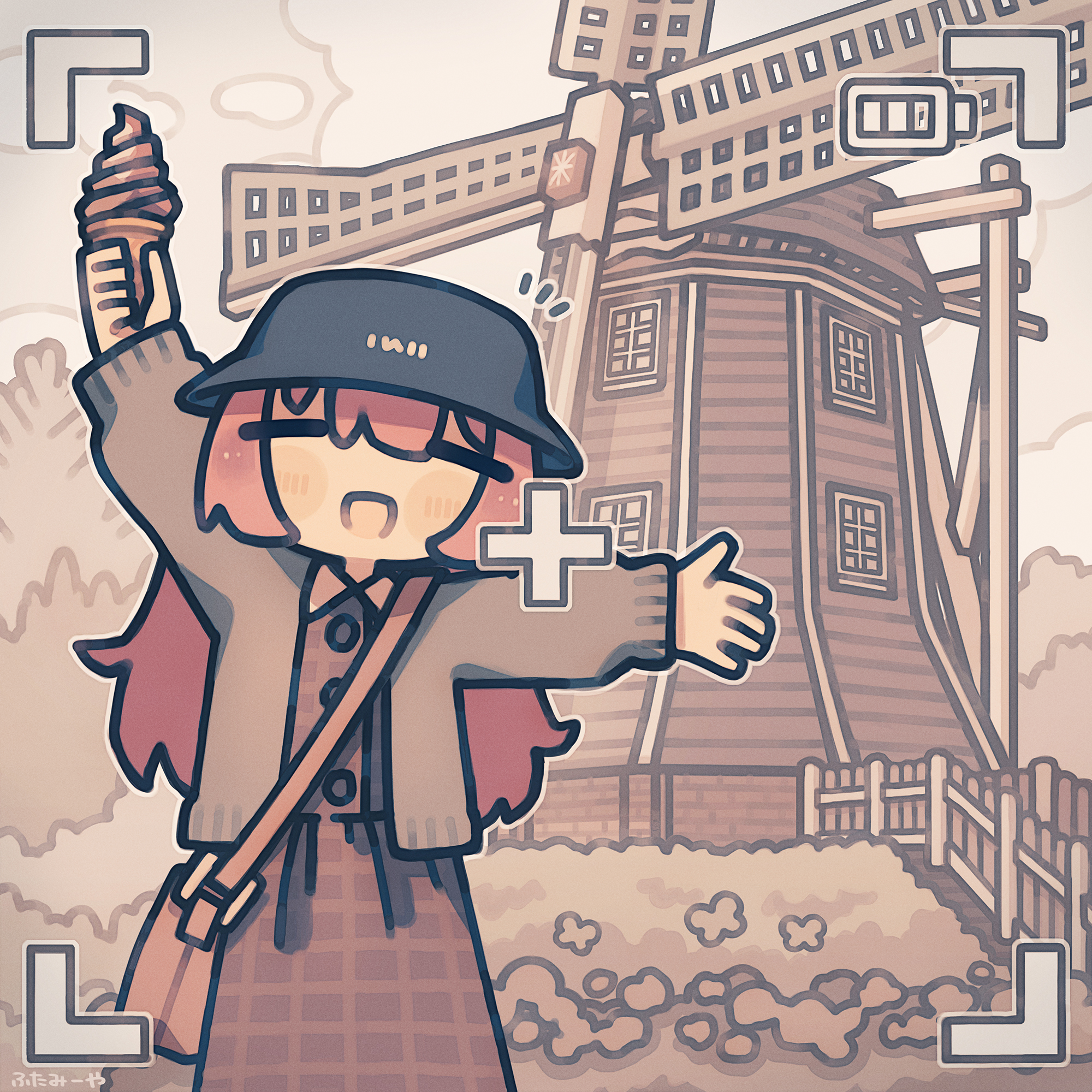 1girl arm_up bag black_hat buttons closed_eyes dress facing_viewer food futami_ya hat highres holding holding_ice_cream_cone ice_cream ice_cream_cone jacket long_hair long_sleeves open_clothes open_jacket open_mouth original outdoors plaid_clothes plaid_dress red_hair shoulder_bag smile soft_serve solo standing viewfinder windmill