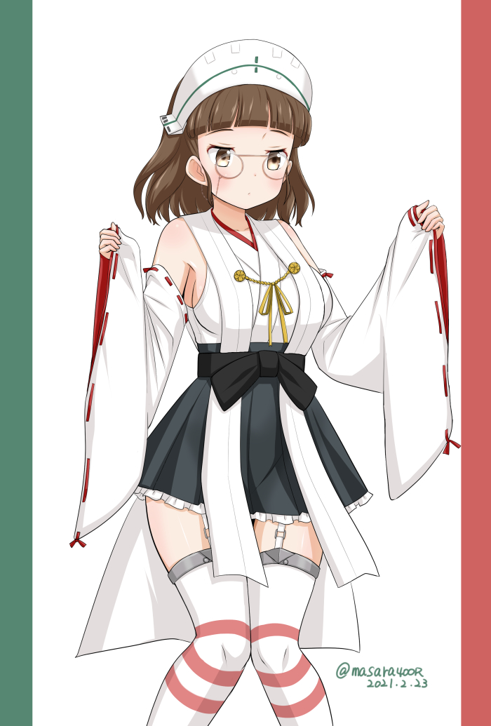1girl black_skirt blunt_bangs blush breasts brown_eyes brown_hair cosplay dated detached_sleeves eyewear_strap frilled_skirt frills garter_straps glasses headdress japanese_clothes kantai_collection kirishima_(kancolle) kirishima_(kancolle)_(cosplay) large_breasts long_sleeves masara_(chuujou) nontraditional_miko one-hour_drawing_challenge pince-nez ribbon-trimmed_sleeves ribbon_trim roma_(kancolle) short_hair simple_background skirt solo striped_clothes striped_thighhighs thighhighs twitter_username wide_sleeves