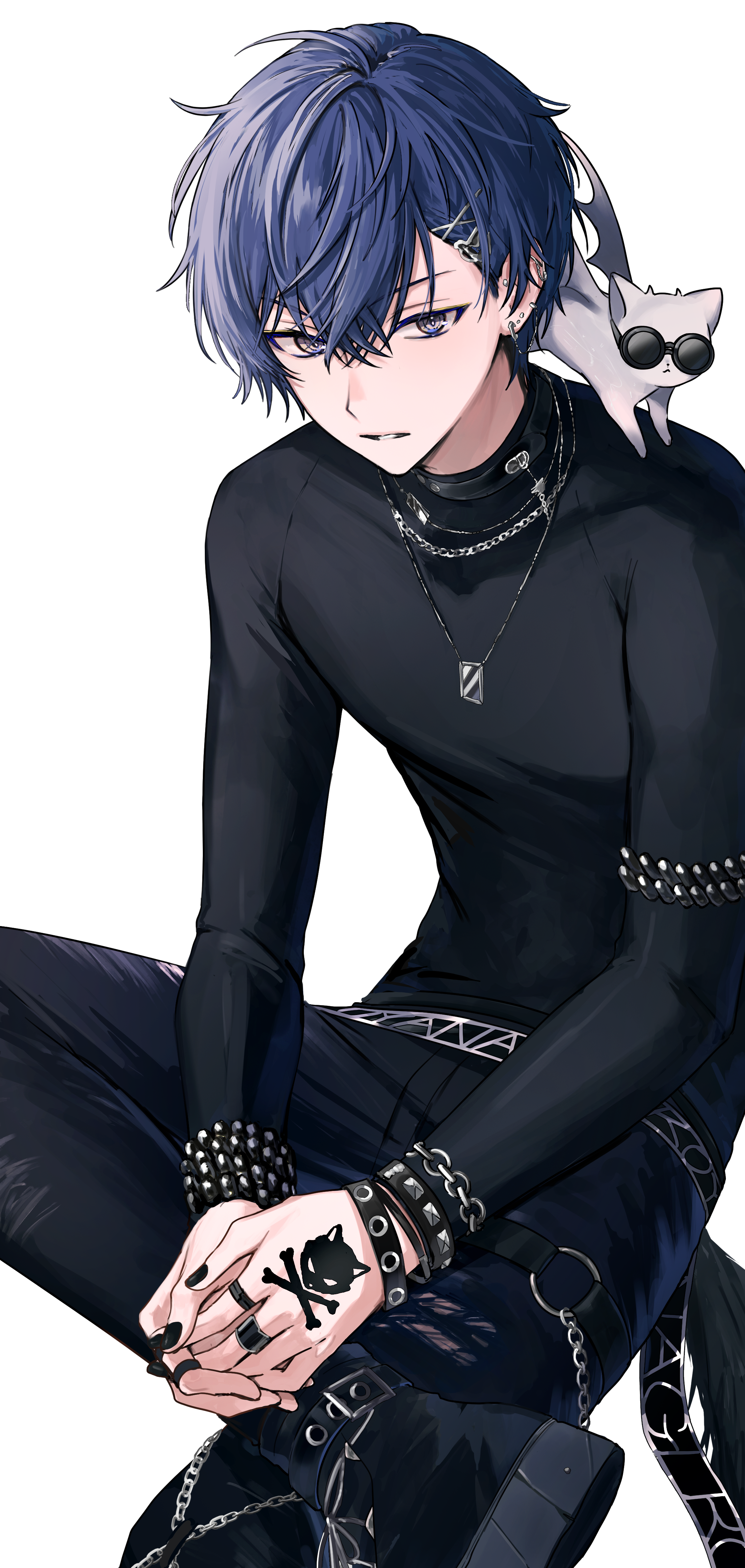 1boy :< absurdres animal animal_on_shoulder armband belt belt_collar black_belt black_boots black_collar black_nails black_pants black_shirt blue_hair boots bracelet cat cat_on_shoulder chain closed_mouth collar commentary_request crossed_bangs ear_chain ear_piercing earrings figure_four_sitting hair_between_eyes hair_ornament hairclip hand_tattoo highres jewelry koyanagi_rou koyanagi_rou_(2nd_costume) long_sleeves looking_to_the_side male_focus multicolored_eyes multiple_bracelets multiple_earrings nail_polish necklace nijisanji otomo_(koyanagi_rou) own_hands_clasped own_hands_together pants parted_bangs parted_lips piercing shirt short_hair simple_background sitting solo studded_bracelet sunglasses tattoo tone_haruma transparent_background virtual_youtuber white_cat