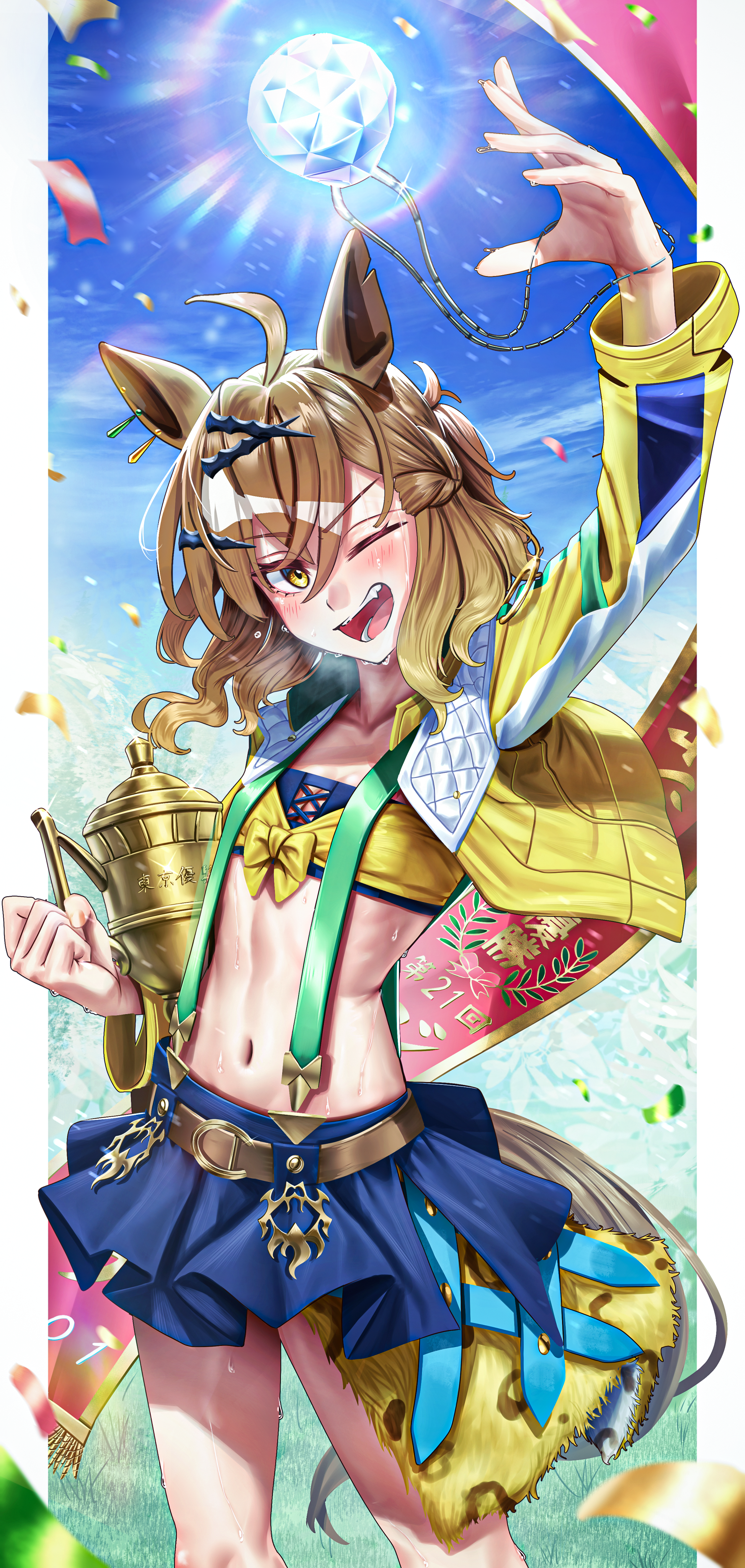 1girl absurdres ahoge animal_ears bandeau belt black_skirt blush brown_hair clenched_hand cowboy_shot cropped_jacket fang flat_chest hair_ornament hairclip highres horse_ears horse_girl horse_tail jacket jungle_pocket_(umamusume) long_sleeves manjo_(warito) medium_hair midriff miniskirt navel notched_ear one_eye_closed open_clothes open_jacket open_mouth ponytail short_ponytail skirt smile solo standing suspender_skirt suspenders tail umamusume yellow_eyes yellow_jacket