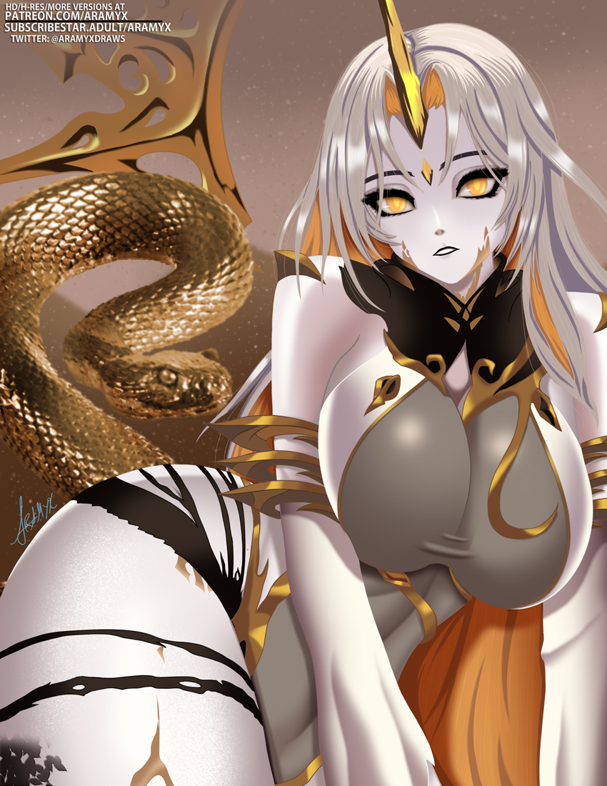 1girl animal aramyx artist_name ass bare_shoulders black_lips blonde_hair breasts curvy eyeshadow fire_emblem fire_emblem_heroes forehead_jewel giant_snake gold_trim grey_hair gullveig_(fire_emblem) horns large_breasts leotard long_hair long_sleeves looking_at_viewer makeup multicolored_hair nintendo oversized_animal pale_skin revealing_clothes signature simple_background single_horn snake solo thick_thighs thighs twitter_username two-tone_hair yellow_eyes yellow_horns