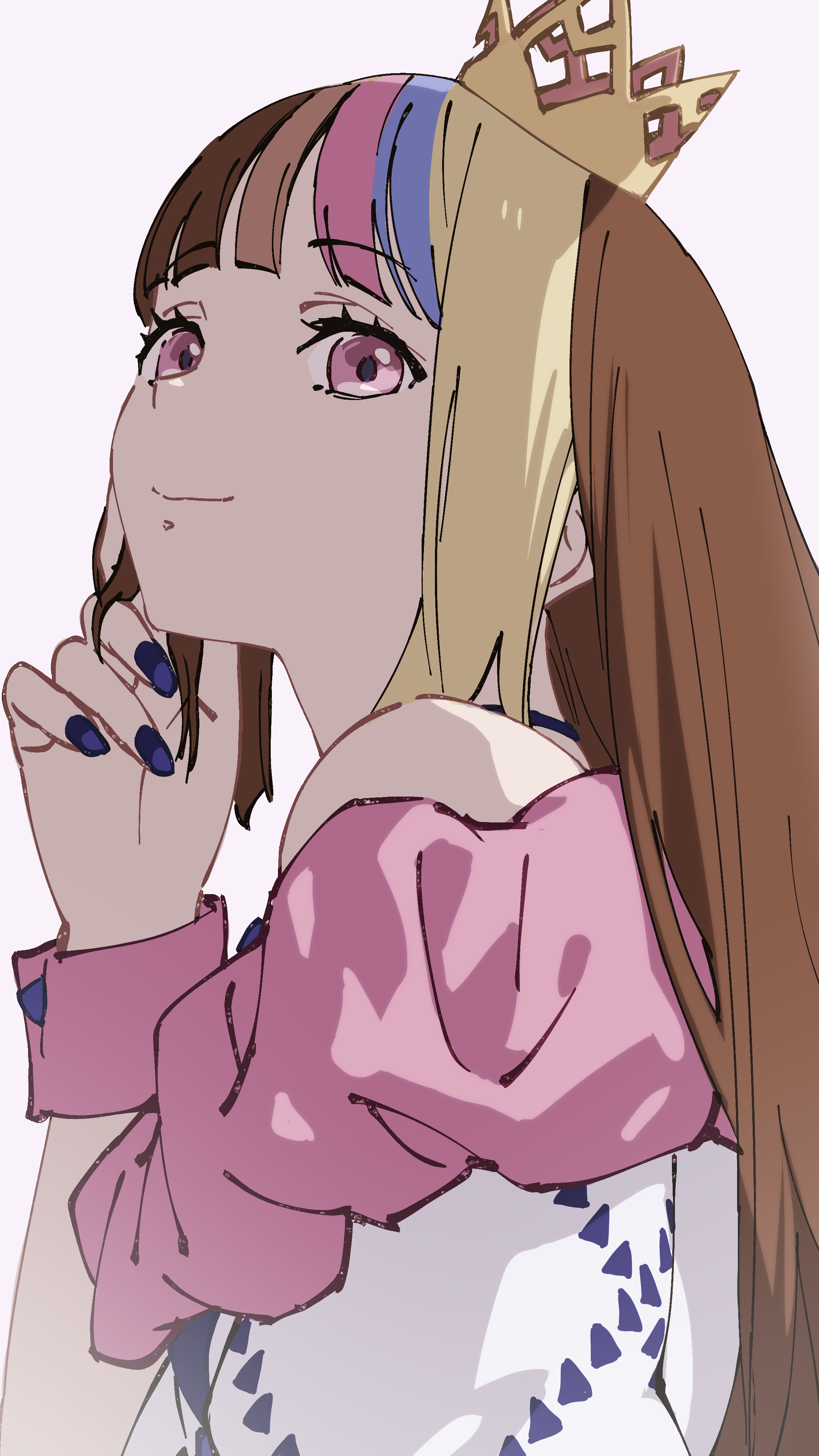 1girl absurdres backlighting bare_shoulders blonde_hair blue_hair blue_nails brown_hair closed_mouth commentary_request crown from_behind from_below galaco galaco_(white) gold_crown hand_on_own_chin hand_up highres long_hair looking_at_viewer mini_crown multicolored_hair nail_polish off_shoulder pink_background pink_eyes pink_hair simple_background smile solo straight_hair tarokazu upper_body vocaloid wristband
