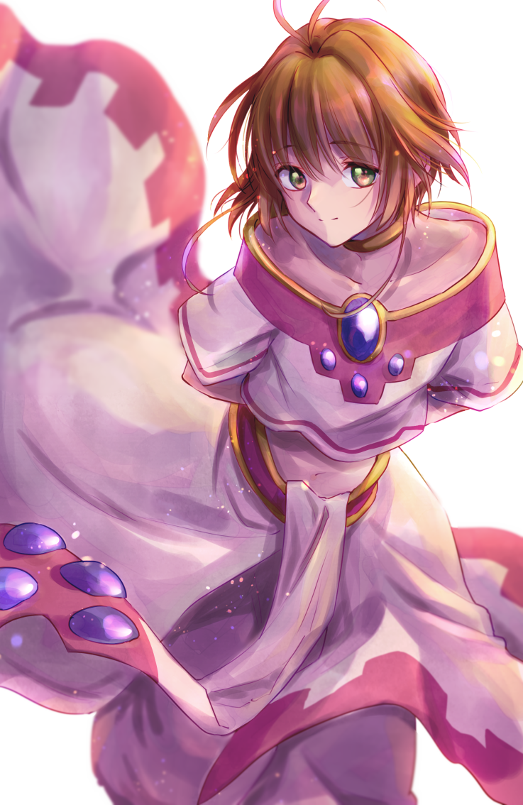 1girl antenna_hair arms_behind_back bare_shoulders blurry brown_hair choker closed_mouth collarbone commentary_request depth_of_field feet_out_of_frame floating_clothes floating_hair gem green_eyes hair_between_eyes long_skirt looking_at_viewer navel purple_gemstone sakura_hime shirt short_hair short_sleeves sidelocks simple_background skirt smile solo soraao0322 split_mouth standing tsubasa_chronicle white_background white_shirt white_skirt