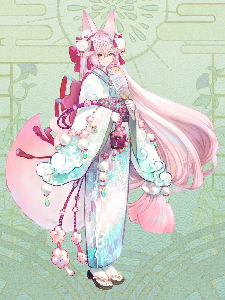 1girl animal_ears aqua_kimono asa_no_ha_(pattern) bag blunt_ends bow closed_mouth dairoku_ryouhei double-parted_bangs flower_ornament fox_ears fox_girl fox_tail full_body glasses gradient_clothes gradient_kimono green_background hair_bow hair_ornament hand_fan holding holding_bag holding_fan japanese_clothes kimono kinchaku long_hair long_sleeves looking_at_viewer low-tied_long_hair obi paper_fan pearl_hair_ornament pink_bow pink_eyes pink_hair pink_sash pom_pom_(clothes) pom_pom_hair_ornament pouch print_kimono romayasu sandals sash sideways_glance smile solo standing tail tassel tassel_hair_ornament uchiwa very_long_hair waves white_kimono wide_sleeves yagasuri yukata zouri