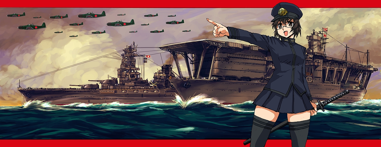 1girl a6m_zero aircraft aircraft_carrier airplane akagi_(aircraft_carrier) battleship border female_focus glasses hat imperial_japanese_navy joshikousei=yamamoto_isoroku kamisimo_90 katana long_image military military_uniform military_vehicle nagato_(battleship) ocean open_mouth pointing propeller_fighter red_border ship solo sword takayama_itsune thighhighs vehicle_focus warship watercraft weapon wide_image world_war_ii zettai_ryouiki