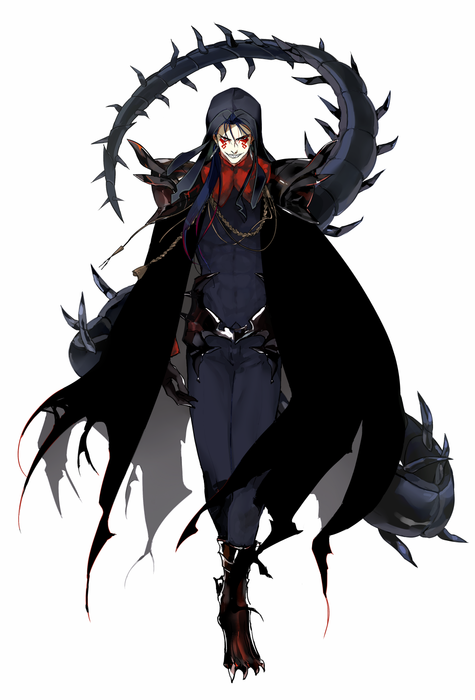 1boy aiguillette alternate_costume armor black_bodysuit black_cape black_gloves blue_hair bodysuit cape crimo cu_chulainn_(fate) cu_chulainn_(fate/stay_night) cu_chulainn_alter_(fate) cu_chulainn_alter_(fate/grand_order) earrings facial_mark fate/grand_order fate_(series) full_body gloves grin hair_over_shoulder hair_strand highres hood jewelry long_hair looking_at_viewer male_focus monster_boy pauldrons red_eyes sharp_teeth shoulder_armor simple_background smile solo spiked_tail spikes standing tail tattoo teeth white_background