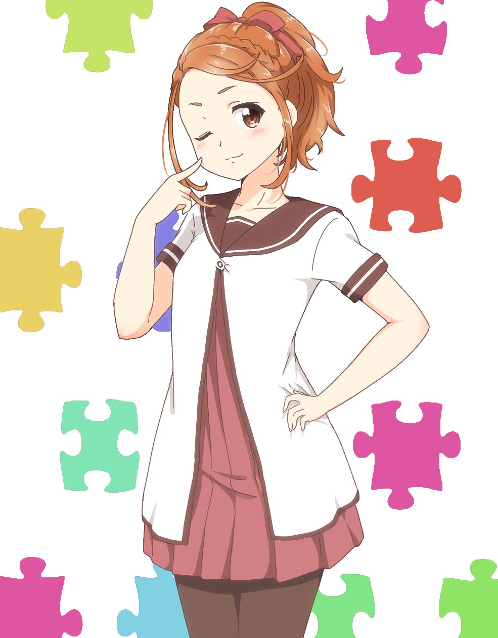 1girl 22/7 ;) bow braid brown_eyes brown_hair brown_pantyhose brown_sailor_collar closed_mouth cosplay cowboy_shot finger_to_cheek hair_bow hand_on_own_hip high_ponytail highres hitorilily index_finger_raised kono_miyako looking_to_the_side nanamori_school_uniform one_eye_closed pantyhose ponytail red_bow sailor_collar school_uniform serafuku short_sleeves single_braid smile solo
