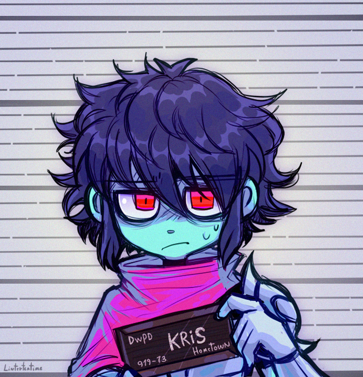 1other antenna_hair artist_name black_hair blue_eyes blue_hair blue_skin bob_cut character_name closed_mouth colored_skin deltarune kris_(deltarune) linterteatime mugshot pink_scarf portrait red_eyes scarf short_hair solo upper_body