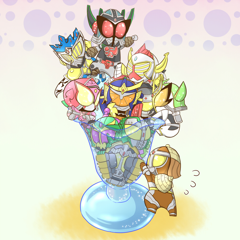 1girl 6+boys banana belt cherry cup food fruit helmet kamen_rider kamen_rider_baron kamen_rider_bravo kamen_rider_duke kamen_rider_gaim kamen_rider_gaim_(series) kamen_rider_gridon kamen_rider_knuckle kamen_rider_kurokage kamen_rider_marika kamen_rider_ryugen kamen_rider_sigurd kamen_rider_zangetsu kamen_rider_zangetsu_shin mask melon multiple_boys orange_(fruit) parfait shiro_ookami