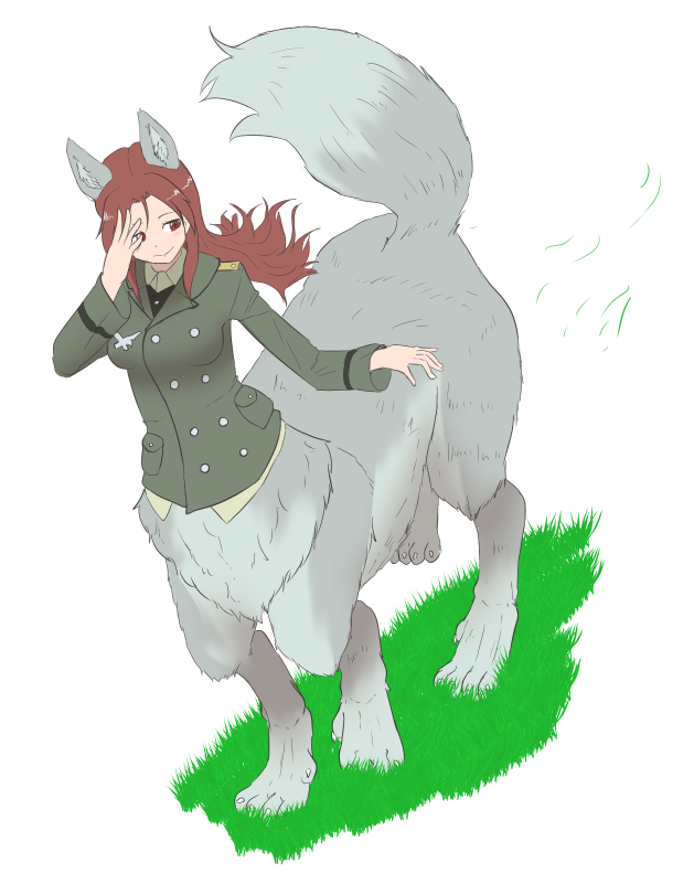 animal_ear_fluff animal_ears breasts brown_hair collared_shirt from_above grass green_jacket green_shirt jacket long_sleeves minna-dietlinde_wilcke monster_girl monsterification red_eyes shiraho_(78-03) shirt small_breasts strike_witches tail taur wolf_ears wolf_tail world_witches_series