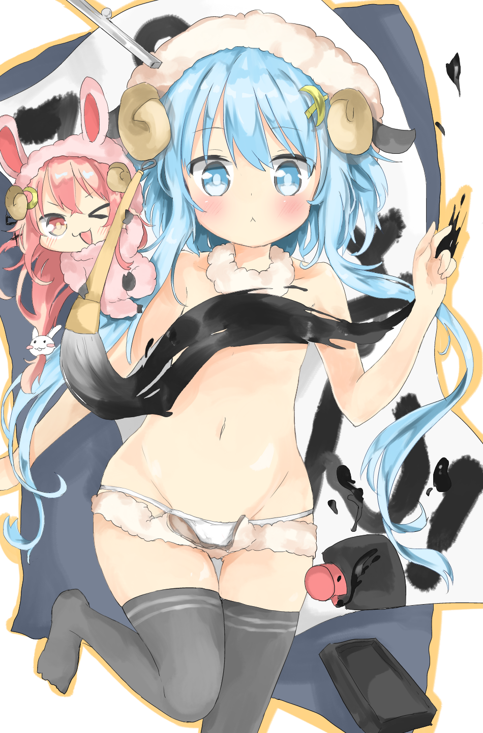 10s 2girls :&lt; blue_eyes blush calligraphy_brush convenient_censoring hair_ornament hairclip highres horns ink inkspot inkwell kantai_collection lamb lingerie long_hair looking_at_viewer multiple_girls one_eye_closed open_mouth paintbrush panties pink_eyes pink_hair sheep sheep_girl shibainu_kisetsu short_hair_with_long_locks surprised thighhighs underwear uzuki_(kancolle) very_long_hair white_panties wink wool yayoi_(kancolle)