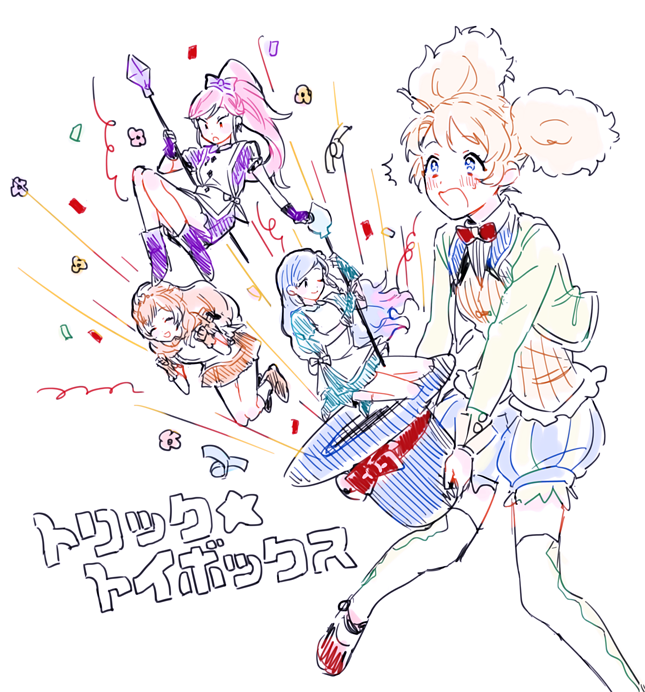 4girls afro_puffs aikatsu!_(series) apron blue_dress blue_eyes blush bow bowtie brown_dress confetti dress gradient_background hair_bow hat holding holding_staff holding_unworn_clothes holding_unworn_hat minato_mio multiple_girls open_mouth otoshiro_seira pink_hair ponytail purple_bow purple_dress red_bow red_bowtie saegusa_kii shiman sketch staff thighhighs top_hat translation_request unworn_hat unworn_headwear white_apron white_thighhighs yuki_aine