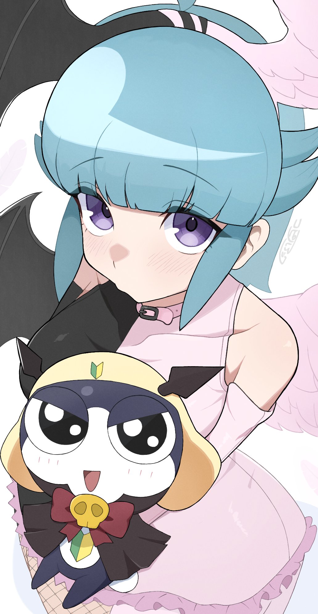 1boy 1girl alternate_costume angel_wings bare_shoulders bat_wings black_dress black_skin black_wings blue_bow blue_hair bow breasts bridal_gauntlets colored_skin dress fake_head_wings feathered_wings frilled_dress frills frog_boy hairband hat highres keroro_gunsou kohiru_atsuku looking_at_viewer nishizawa_momoka open_mouth pink_dress pink_wings purple_eyes short_hair shoshinsha_mark tadpole_tail tamama two-tone_dress two-tone_wings white_background wings