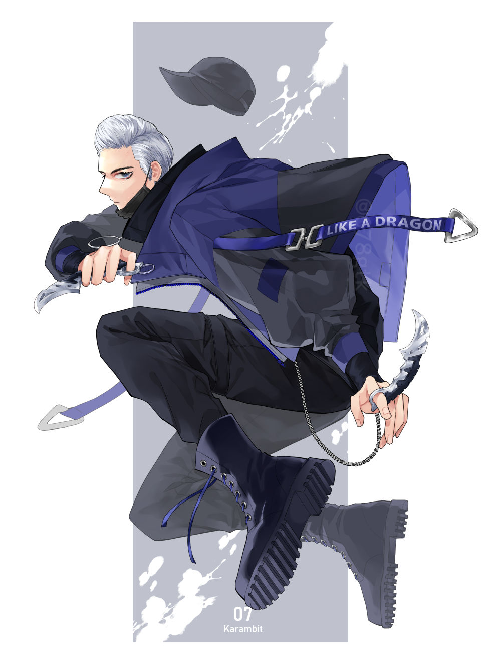1boy baseball_cap black_pants blue_eyes boots chain dual_wielding han_joon-gi hat highres holding jacket karambit knife male_focus mask mouth_mask pants paprika13 ryuu_ga_gotoku_(series) ryuu_ga_gotoku_7 solo white_hair