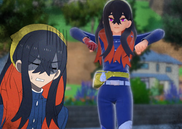 1girl black_hair blue_jacket blueberry_academy_school_uniform carmine_(pokemon) closed_eyes colored_inner_hair crossed_bangs embarrassed game_freak game_screenshot_background hair_between_eyes hairband hyaku_ae_mon jacket long_hair mochi_mochi_dance multicolored_hair nintendo pokemon pokemon_sv red_hair remembering school_uniform screenshot_background solo sweat sweatdrop teeth yellow_hairband