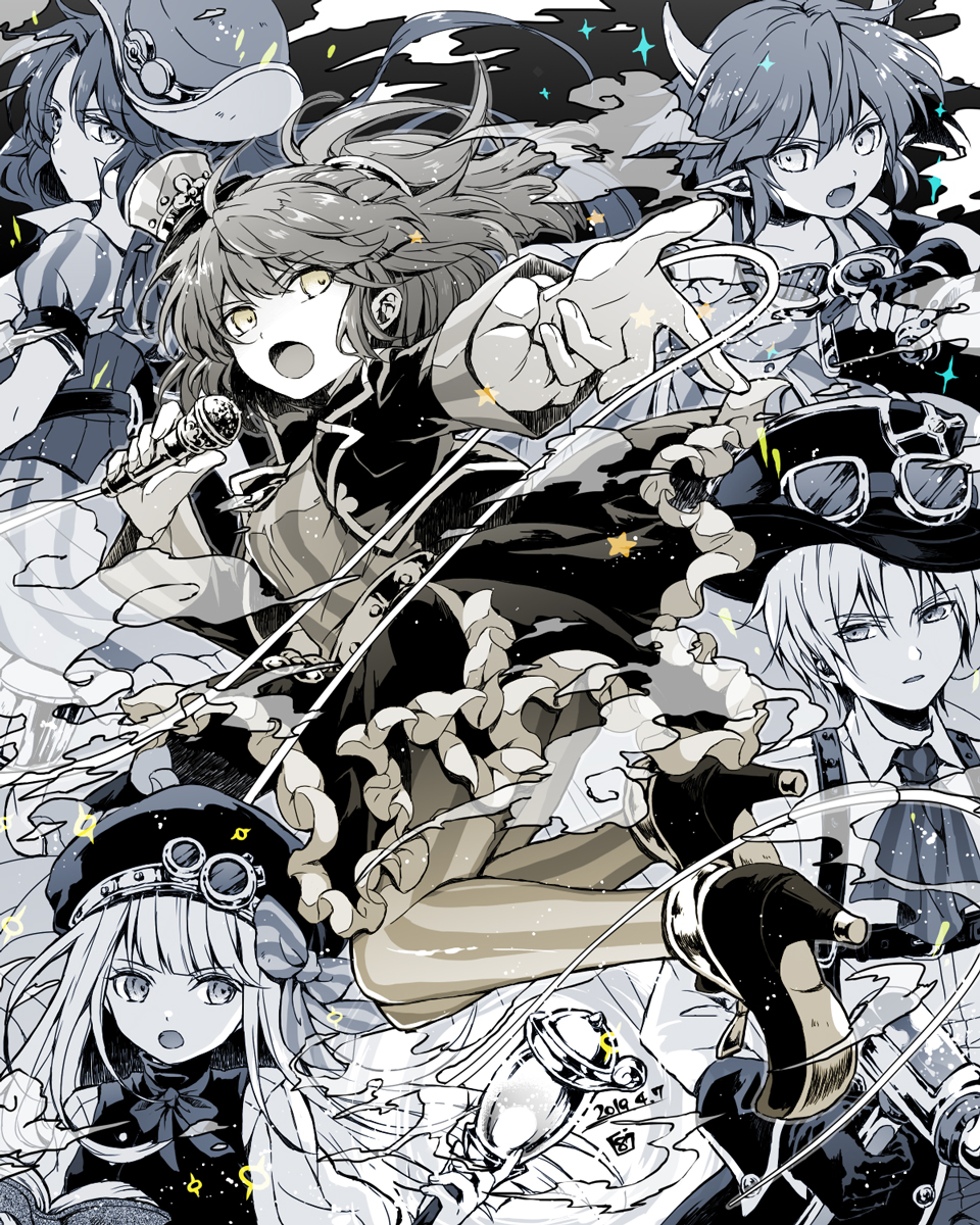 1boy 4girls arle_nadja book cloud dated draco_centauros fang foreshortening goggles goggles_on_headwear greyscale hana_(mew) hat high_heels highres holding holding_book holding_microphone holding_staff horns long_hair looking_at_viewer microphone monochrome multiple_girls open_mouth pantyhose pointy_ears ponytail puffy_short_sleeves puffy_sleeves puyopuyo puyopuyo_quest rulue_(puyopuyo) schezo_wegey short_sleeves sparkle staff steampunk striped_clothes striped_pantyhose top_hat vertical-striped_clothes vertical-striped_pantyhose witch_(puyopuyo)