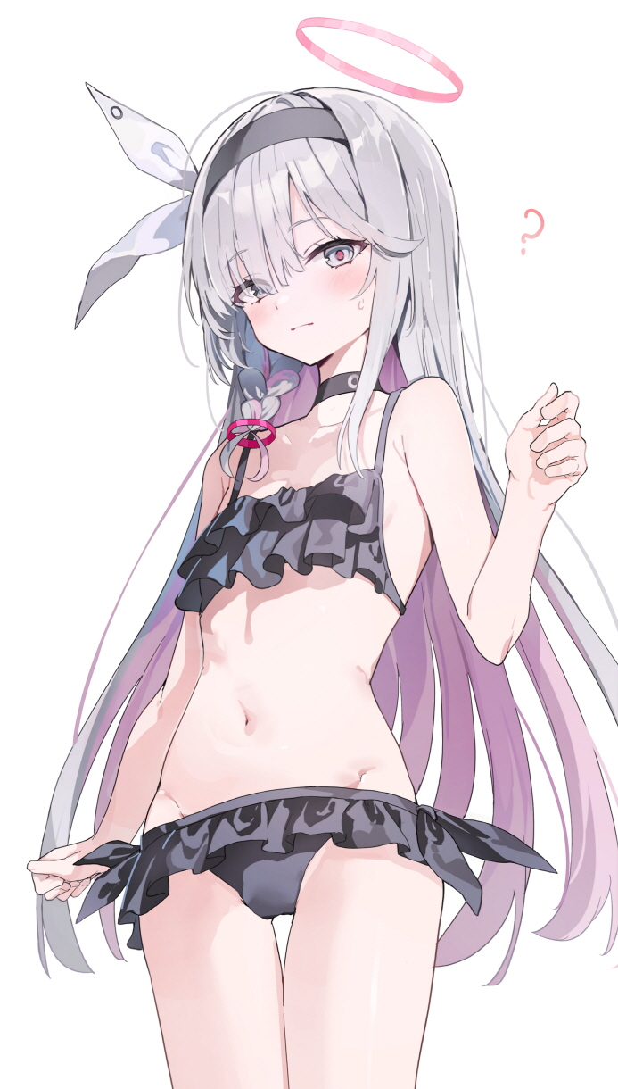 1girl :| ? bikini bikini_skirt black_bikini black_choker black_hairband blue_archive blush bow braid choker closed_mouth collarbone colored_inner_hair grey_eyes grey_hair groin hair_between_eyes hair_bow hairband halo highres huwari_(dnwls3010) long_bangs long_hair looking_at_viewer lowleg lowleg_bikini mismatched_pupils multicolored_hair navel pink_hair pink_pupils plana_(blue_archive) side_braid sidelocks simple_background solo stomach straight_hair swimsuit very_long_hair white_background white_bow