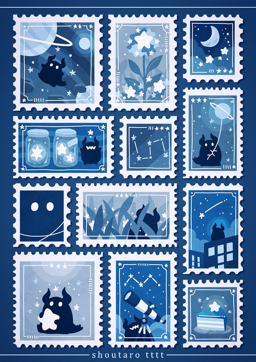artist_name blue_theme book border cloud constellation crescent_moon food highres holding horns hoshikui jar moon night night_sky no_humans original planet postage_stamp shooting_star shoutarou_(shoutarotttt) sky star_(sky) star_(symbol) starry_sky telescope window