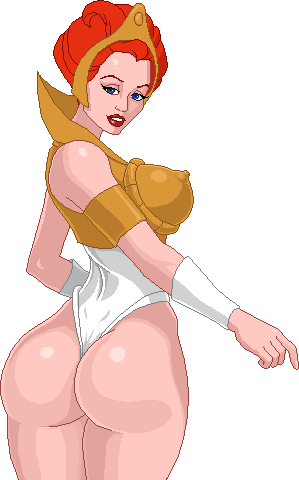 1girl aliasing ass bare_shoulders breasts covered_erect_nipples large_breasts leotard lipstick looking_at_viewer looking_back lowres makeup masters_of_the_universe orange_hair parted_lips pixel_art red_hair red_lips short_hair tagme teela thong_leotard transparent_background warner white_leotard