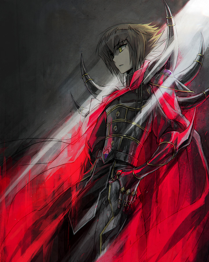 1boy arm_armor armor black_armor brown_hair cape chest_armor dappled_sunlight elbow_spikes facing_to_the_side grey_background hand_on_own_hip in_shadow indoors leg_armor light_rays looking_to_the_side moribuden red_cape shoulder_armor shoulder_spikes spikes sunlight supreme_king_(yu-gi-oh!_gx) yellow_eyes yu-gi-oh! yu-gi-oh!_gx yuki_judai