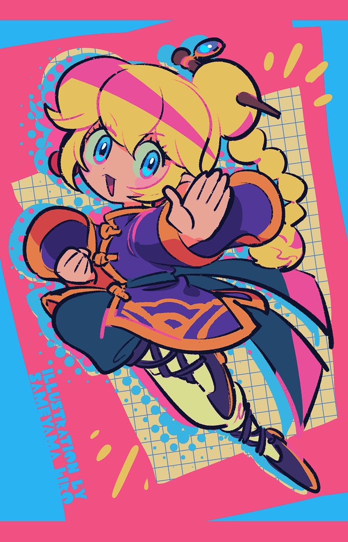 1girl black_shoes blonde_hair blue_eyes blue_pants chinese_clothes commentary eyelashes full_body kung_fu_peach long_braid long_sleeves looking_at_viewer mario_(series) nintendo open_mouth outstretched_arm pants princess_peach princess_peach:_showtime! sameyama_jiro shoes solo symbol-only_commentary