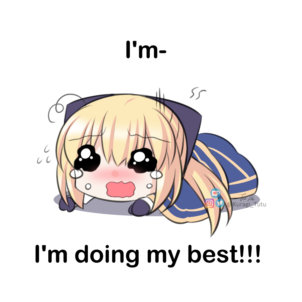 1girl artist_name artoria_caster_(fate) artoria_pendragon_(fate) blonde_hair blush chibi commentary crying crying_with_eyes_open english_commentary english_text exhausted fate/grand_order fate_(series) flying_sweatdrops instagram_logo kuragi_tutu open_mouth sad tears twitter_logo twitter_username