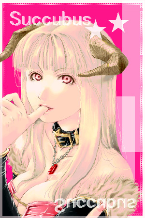 1girl belt belt_collar biting biting_own_thumb black_belt black_sleeves blonde_hair breasts brown_horns cleavage collar commentary_request demon_girl detached_sleeves fur-trimmed_sleeves fur_trim gem horns large_breasts long_hair looking_at_viewer lowres mr.romance pink_background pink_eyes ragnarok_online red_gemstone solo succubus_(ragnarok_online) upper_body