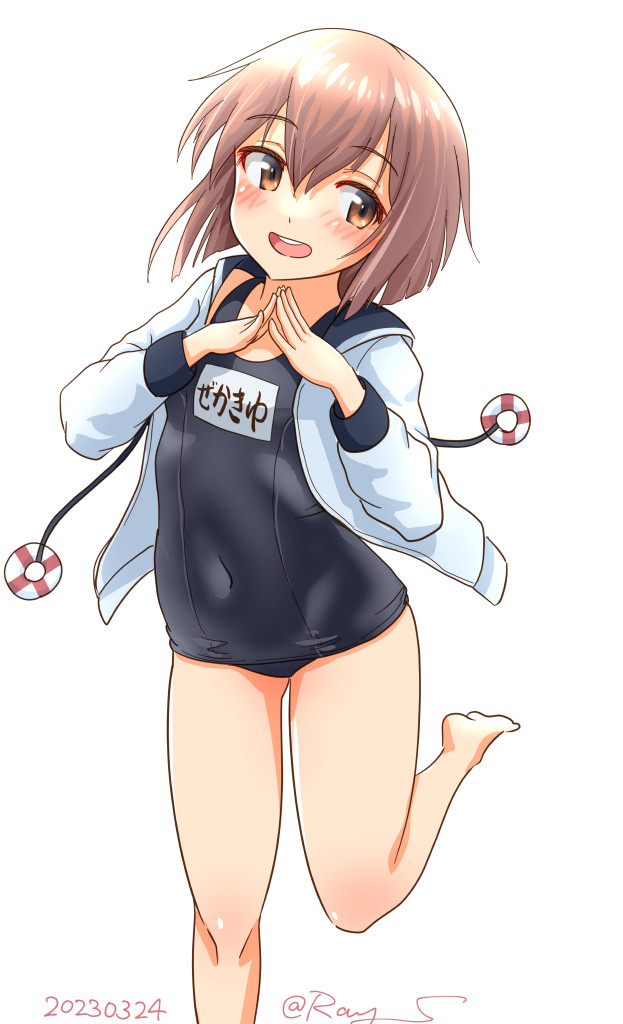 1girl black_one-piece_swimsuit brown_eyes brown_hair covered_navel drawstring feet_out_of_frame hood hooded_jacket jacket kantai_collection lifebuoy_ornament name_tag one-hour_drawing_challenge one-piece_swimsuit open_mouth ray.s round_teeth school_swimsuit short_hair simple_background solo standing standing_on_one_leg steepled_fingers swimsuit teeth upper_teeth_only white_background white_jacket yukikaze_(kancolle) yukikaze_(swimsuit)_(kancolle)