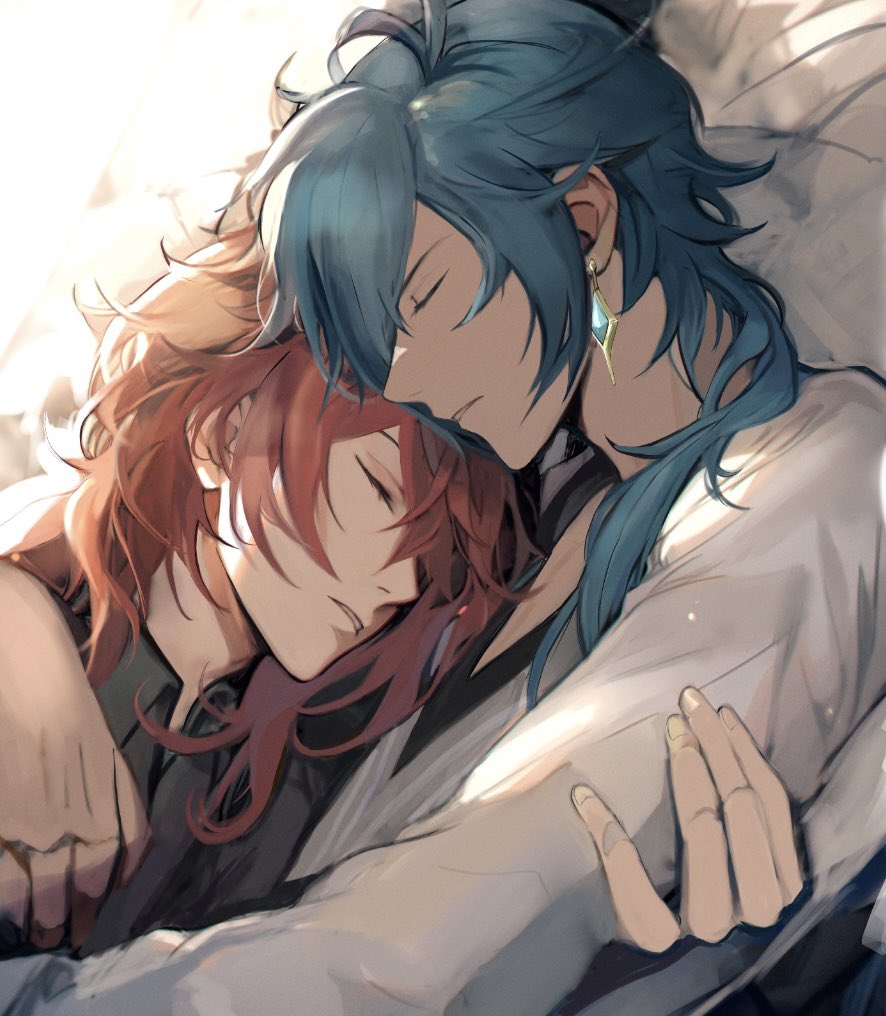 2boys arm_around_shoulder bed black_shirt blue_hair closed_eyes collared_shirt commentary_request cuddling dark-skinned_male dark_skin diluc_(genshin_impact) earrings eyelashes fingernails genshin_impact hair_behind_ear hand_on_another&#039;s_arm jewelry kaeya_(genshin_impact) lying male_focus multiple_boys on_back on_side open_collar parted_bangs parted_lips piercing pillow red_hair runpa_run shirt short_hair_with_long_locks teeth upper_body white_shirt wing_collar yaoi