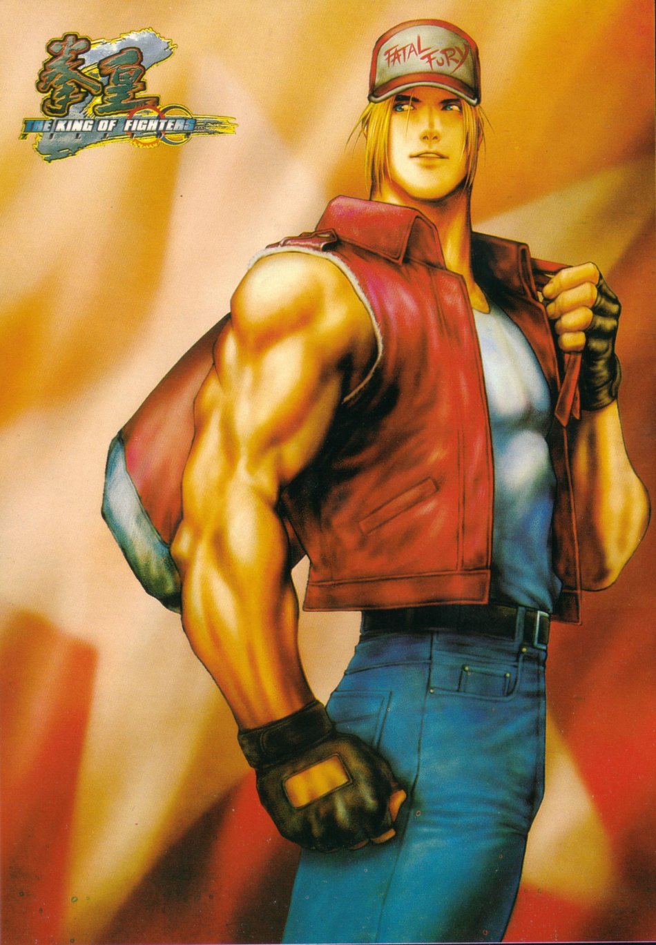 1boy andy_seto bag belt blonde_hair blue_eyes denim duffel_bag fatal_fury fingerless_gloves gloves hat highres jeans male_focus muscular official_art pants shirt sleeveless snk solo star_(symbol) star_symbol_background terry_bogard the_king_of_fighters vest