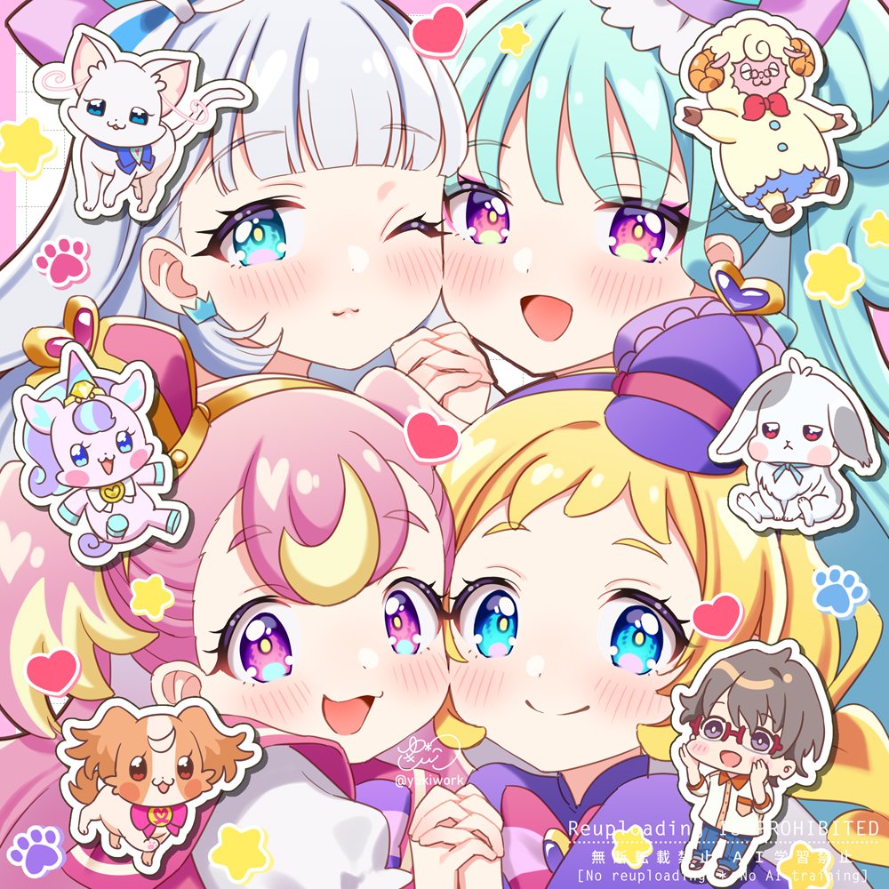 1boy 4girls blonde_hair blue_eyes blue_hair blunt_bangs bow braid brown_outline newsboy_cap cat cheek-to-cheek chibi closed_mouth crown crown_earrings cure_friendy cure_lillian cure_nyammy cure_wonderful daifuku_(precure) dog dress earrings english_text eyelashes hair_bow hairband hat heads_together heart holding_hands inukai_iroha inukai_komugi inukai_komugi_(dog) jewelry light_blush light_smile long_hair looking_at_viewer magical_girl mehmeh_(wonderful_precure!) mini_hat multicolored_hair multiple_girls nekoyashiki_mayu nekoyashiki_yuki nekoyashiki_yuki_(cat) nico-sama one_eye_closed open_mouth outline paw_print pink_eyes pink_hair precure puffy_short_sleeves puffy_sleeves purple_eyes rabbit sheep short_bangs short_sleeves side_ponytail signature smile split_mouth star_(symbol) straight_hair tareme toyama_satoru twin_braids twitter_username two-tone_hair two_side_up unicorn upper_body watermark wavy_hair white_hair white_outline wonderful_precure! yellow_pupils yukinko_(yukiwork)