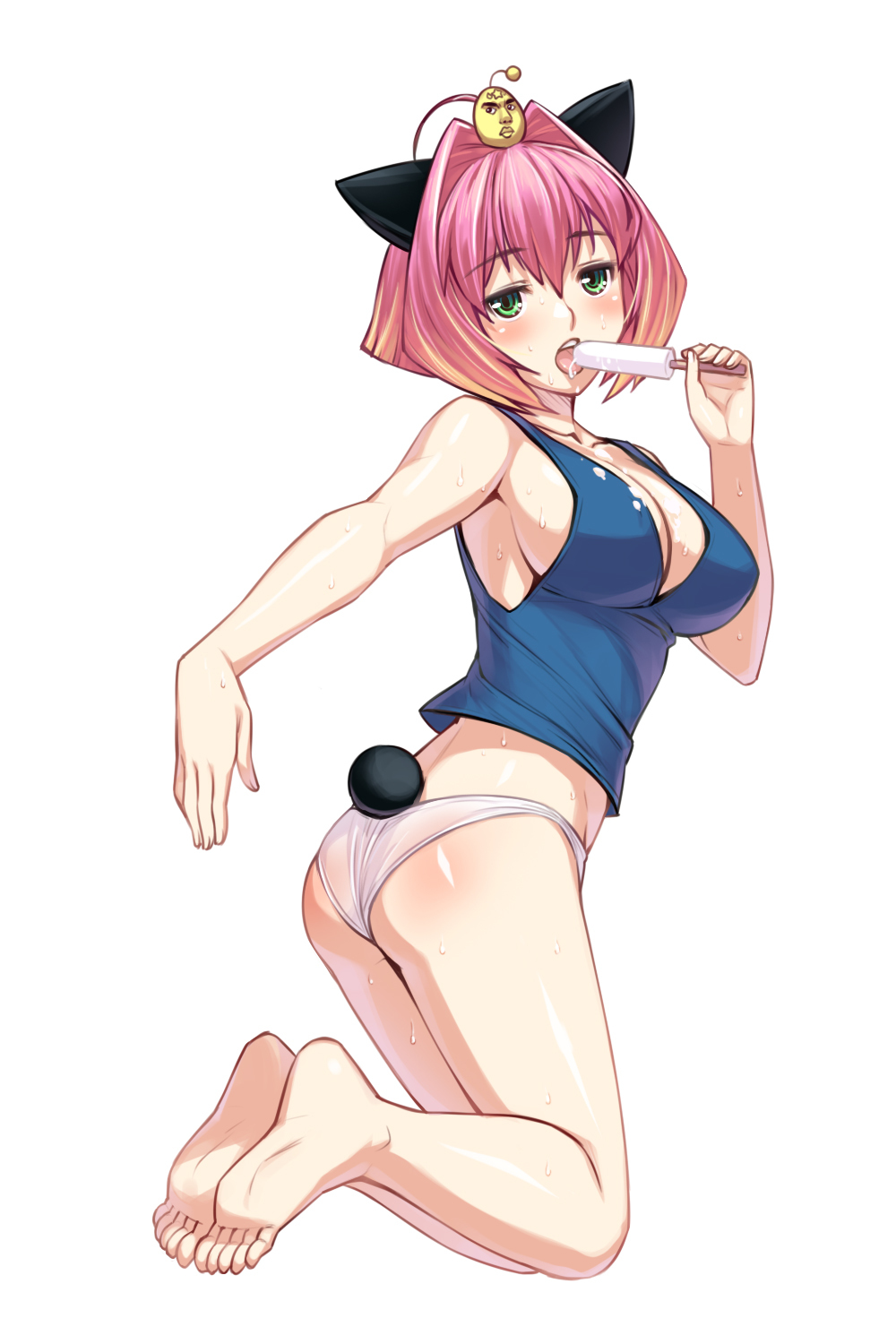00s 1girl aged_up animal_ears artist_request ass bad_id bad_pixiv_id barefoot breasts cleavage feet female_focus food full_body gradient_hair green_eyes hair_between_eyes hair_intakes highres honihoni honihoninosu ishida_to_asakura legs medium_breasts multicolored_hair orange_hair panties pink_hair popsicle potemayo potemayo_(character) sexually_suggestive short_hair simple_background solo sweat tail underwear