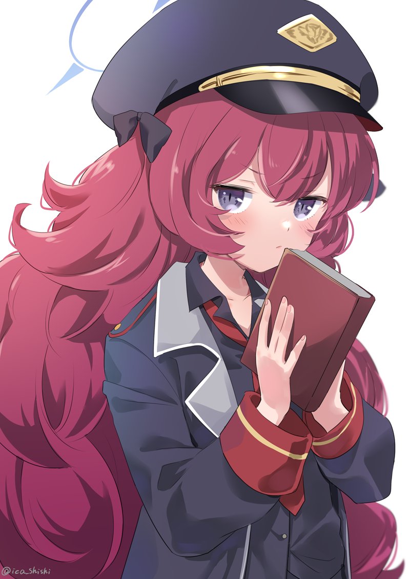 1girl black_eyes black_hat black_jacket black_shirt blue_archive book hair_between_eyes halo hat hat_ribbon ica iroha_(blue_archive) jacket long_hair long_sleeves military military_hat military_uniform necktie open_clothes open_jacket red_eyes red_necktie ribbon shirt simple_background standing white_background