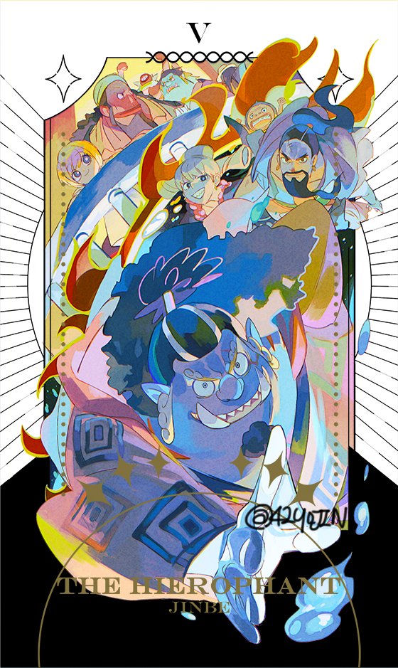 2girls 6+boys aged_down aladdin_(one_piece) arlong back bandana beard blonde_hair blue_skin character_name charlotte_praline child colored_skin commentary_request earrings facial_hair fisher_tiger goatee half_updo hatchan japanese_clothes jewelry jinbe_(one_piece) kimono koala_(one_piece) korean_commentary multiple_boys multiple_girls one_piece ponytail scar scar_on_face senzzang smile tusks twitter_username wadatsumi_(one_piece) water