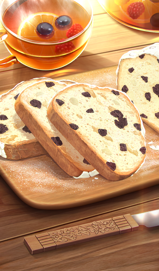 blueberry chocolate_chip commentary cutting_board drink fate/grand_order fate_(series) food food_art food_focus fruit glass_teacup herbal_tea knife kuraha_(lasengle) no_humans official_art orange_(fruit) orange_slice pastry powdered_sugar raspberry still_life stollen third-party_source