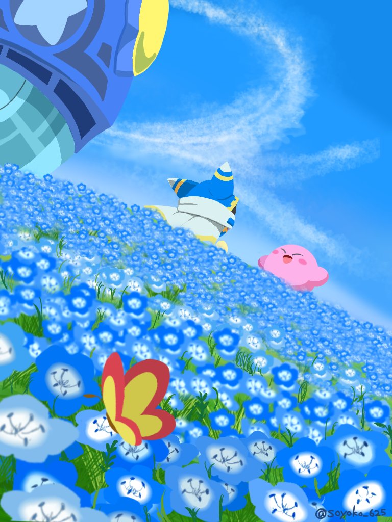 animal_ears belt blue_belt blue_flower blue_hood blue_sky blush_stickers bug butterfly cape closed_eyes cloud colored_skin day disembodied_hand dutch_angle field flower flower_field gear_print gloves insect kirby kirby_(series) looking_at_another lor_starcutter magolor nemophila_(flower) nintendo no_humans open_mouth outdoors pink_skin rayman_limbs scarf ship sky smile soyoko spacecraft star_(symbol) star_print twitter_username watercraft white_cape white_scarf yellow_gloves yellow_trim