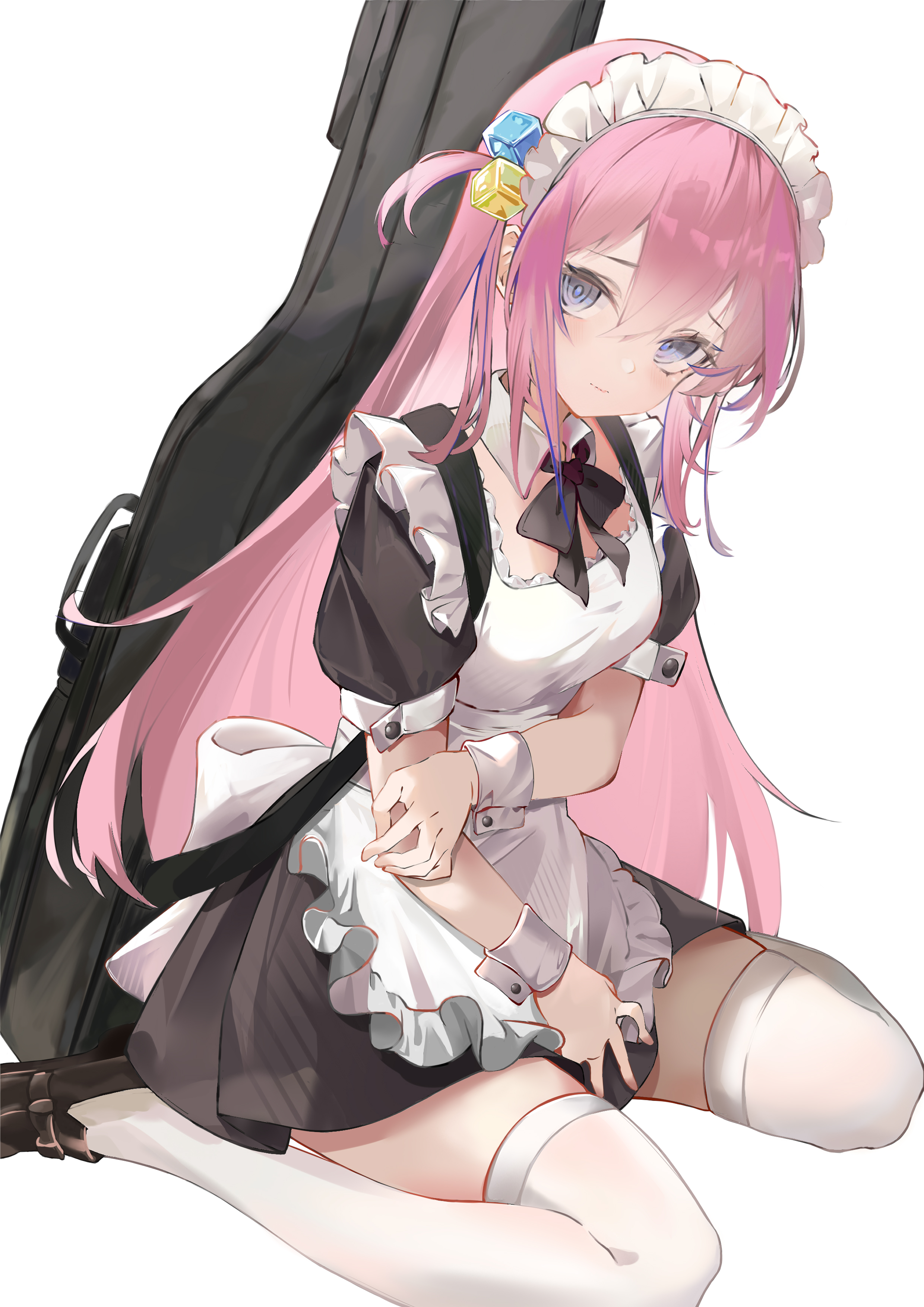 1girl absurdres alternate_costume apron black_dress black_necktie blue_eyes bocchi_the_rock! breasts brown_shoes collar cube_hair_ornament detached_collar dress enmaided frilled_apron frills gotoh_hitori guitar_case hair_between_eyes hair_ornament highres holding_own_arm instrument_case loafers long_hair maid maid_apron maid_headdress medium_breasts necktie on_floor one_side_up paheide_guang pink_hair shoes simple_background sitting solo thighhighs thighs white_background white_collar white_thighhighs