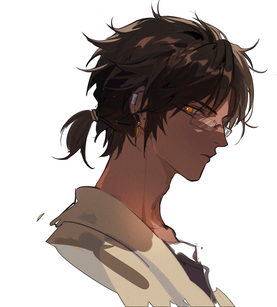1boy arknights black_hair chinese_commentary closed_mouth commentary_request dark-skinned_male dark_skin earclip earrings expressionless from_side glasses jewelry male_focus orange_eyes ponytail portrait profile short_hair short_ponytail solo thorns_(arknights) xiandao1213