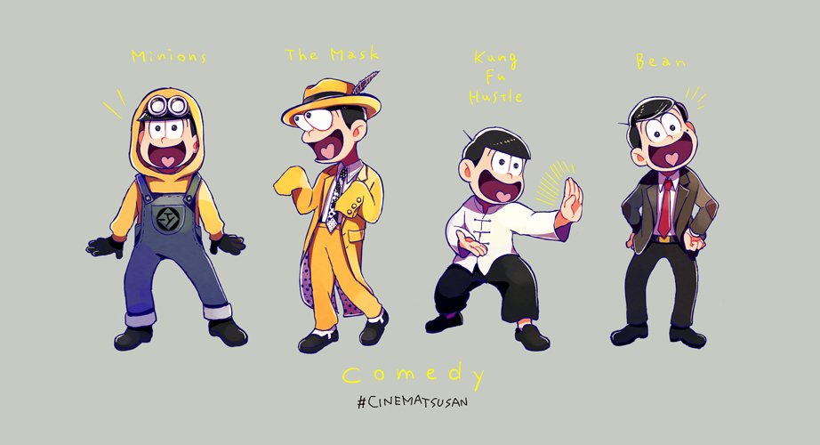 10s 1boy bulging_eyes chinese_clothes copyright_name cosplay despicable_me eye_pop formal_clothes goggles goggles_on_head grey_background hands_on_own_hips hashtag heart heart_in_mouth hood hoodie jim_carrey kung_fu_hustle long_sleeves male_focus matsuno_jyushimatsu minion_(despicable_me) minion_(despicable_me)_(cosplay) minions_(movie) mr._bean mr._bean_(cosplay) mr._bean_(series) necktie osomatsu-kun osomatsu-san osomatsu_(series) overalls red_necktie rowan_atkinson simple_background sing_(kung_fu_hustle) sing_(kung_fu_hustle)_(cosplay) sleeves_past_wrists smile stanley_ipkiss stanley_ipkiss_(cosplay) suit tangzhuang the_mask the_mask_(character) tsuyuxxx warner_bros