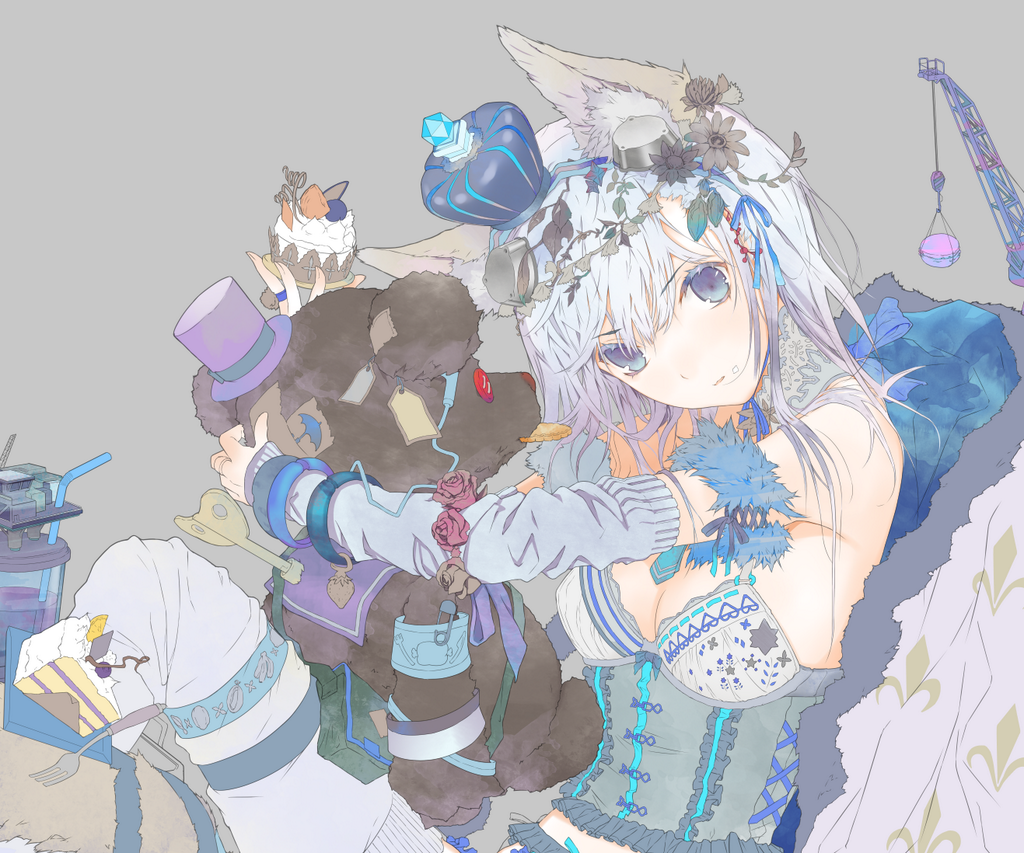 1girl animal_ears arm_warmers armband armlet bare_shoulders blue_bow blue_eyes blue_ribbon bow breasts buttons cake cat_ears choker cleavage corset crane_(machine) crown cup drink drinking_straw female_focus fleur-de-lis flower food fork fruit fur_trim fuyuno_haruaki grey_background grey_flower grey_rose hair_flower hair_ornament hair_ribbon hairband hat holding jewelry leaf long_hair lots_of_jewelry md5_mismatch mini_crown open_mouth original price_tag purple_ribbon red_flower red_rose resized ribbon rose silver_hair simple_background solo strawberry stuffed_animal stuffed_toy teddy_bear top_hat wrecking_ball