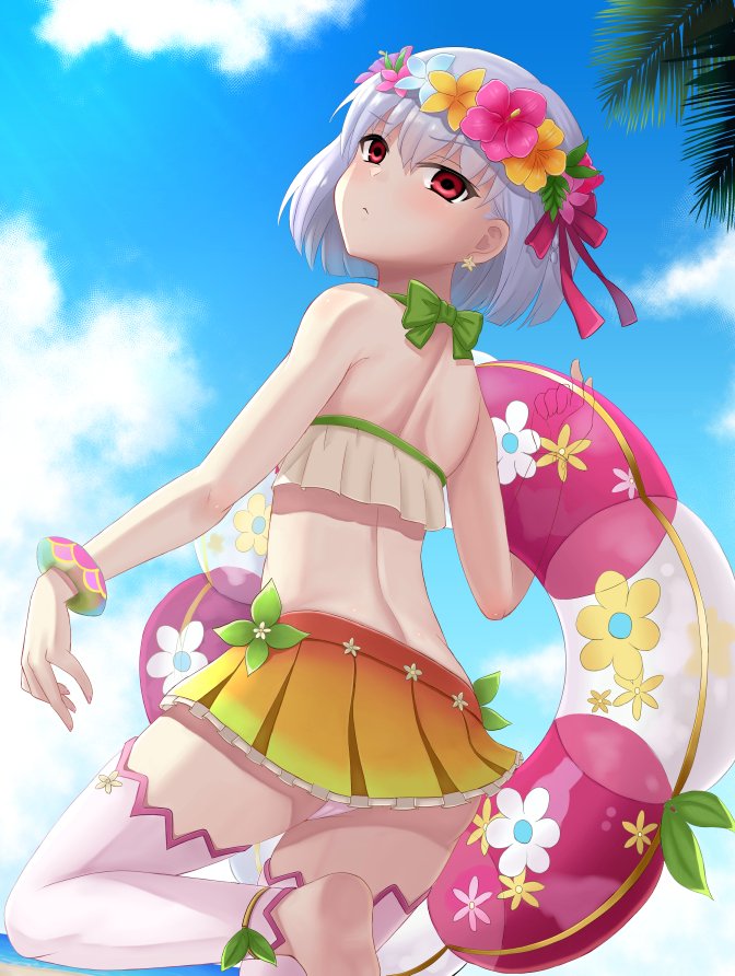 1girl back bare_shoulders barefoot bikini blue_sky blush bracelet breasts chuppa_(katotsuba) fate/grand_order fate_(series) flower_wreath green_bikini hair_ribbon head_wreath innertube jewelry kama_(fate) kama_(swimsuit_avenger)_(fate) kama_(swimsuit_avenger)_(first_ascension)_(fate) looking_at_viewer looking_back miniskirt palm_tree rainbow_skirt red_eyes ribbon short_hair skirt sky small_breasts solo swim_ring swimsuit thighhighs thighs tree white_hair white_thighhighs
