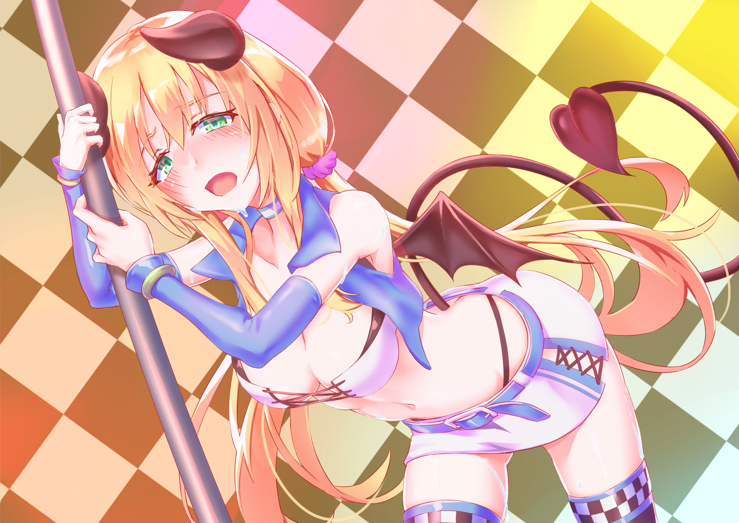 belt black_thighhighs blonde_hair blush boots breasts circuit cleavage demon_horns demon_tail demon_wings detached_sleeves fall4592 hairband highres horns kerberos_blade leaning_forward medium_breasts navel pencil_skirt pink_hairband pole_dancing race_queen side_lace-up_pencil_skirt skirt sleeveless sleeveless_jacket sweat tail thighhighs twintails umbrella underwear white_pencil_skirt wings