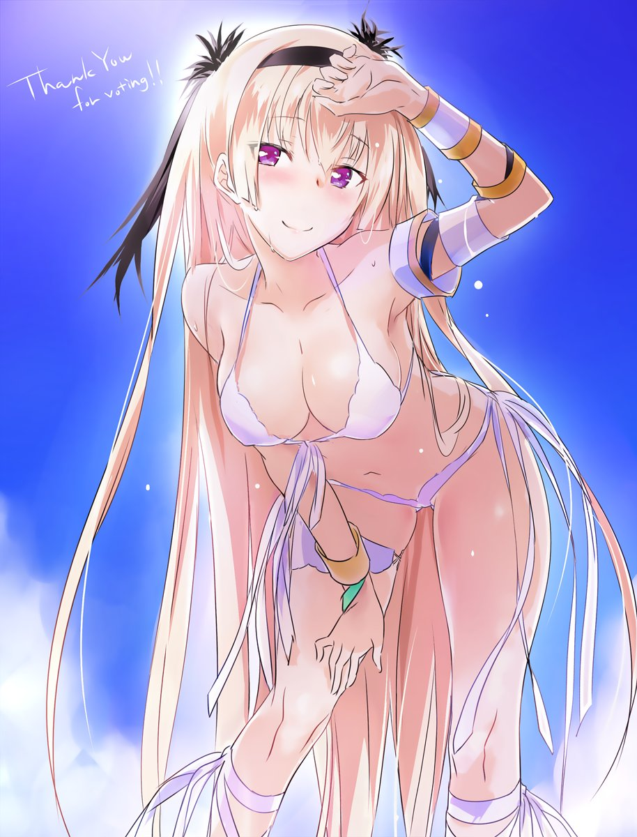 1girl altair_(sennen_sensou_aigis) armpits bikini blonde_hair breasts headband highres kawagishi_keitarou long_hair looking_at_viewer purple_eyes sennen_sensou_aigis smile swimsuit thigh_strap very_long_hair wagi