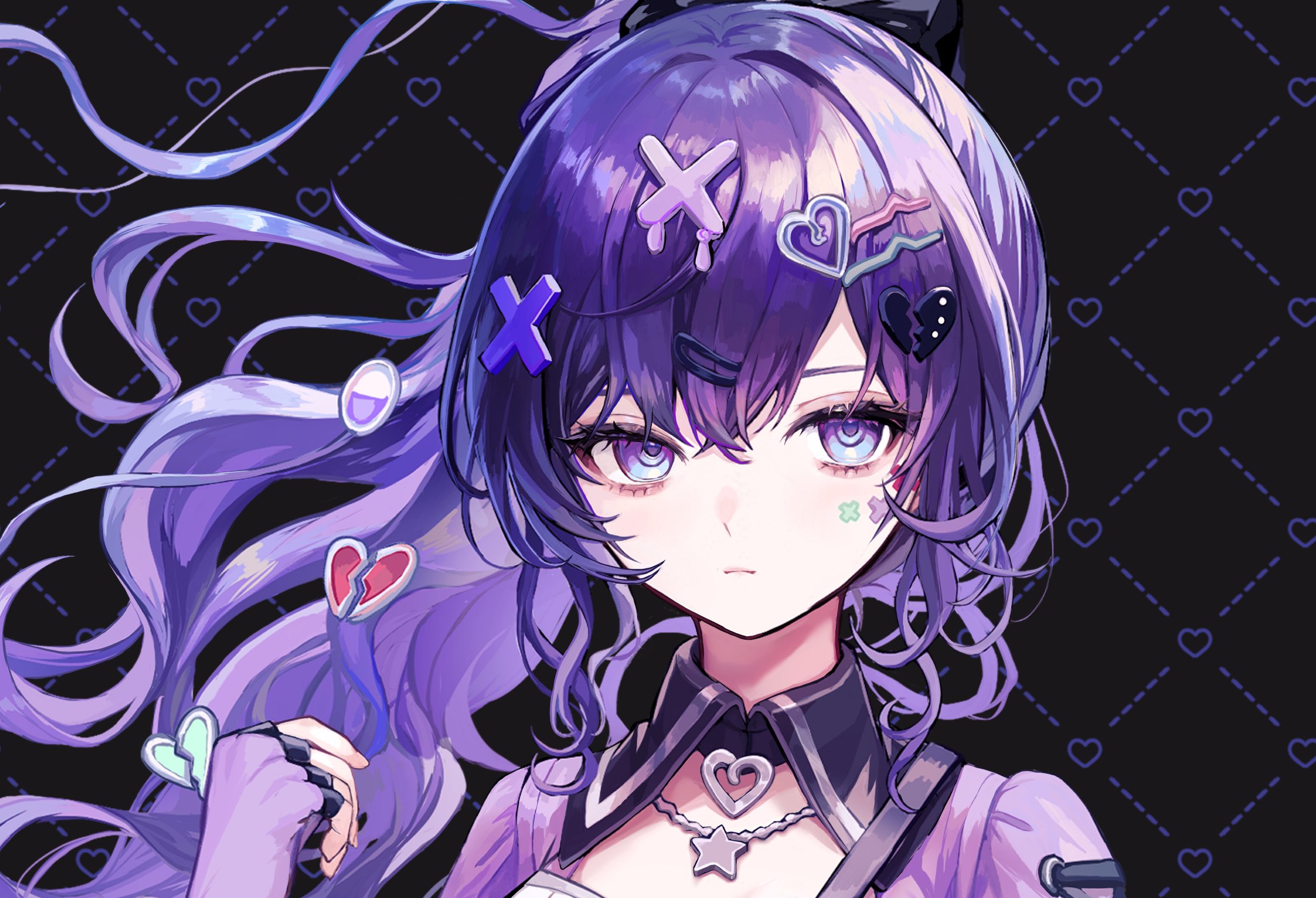 1girl asahina_mafuyu black_background blue_eyes commission fingerless_gloves gloves hair_ornament hairclip heart heart_hair_ornament highres jewelry long_hair looking_at_viewer necklace negai_wa_itsuka_asa_wo_koete_(project_sekai) pipi_(pipinavigation) portrait project_sekai purple_eyes purple_hair solo star_(symbol)