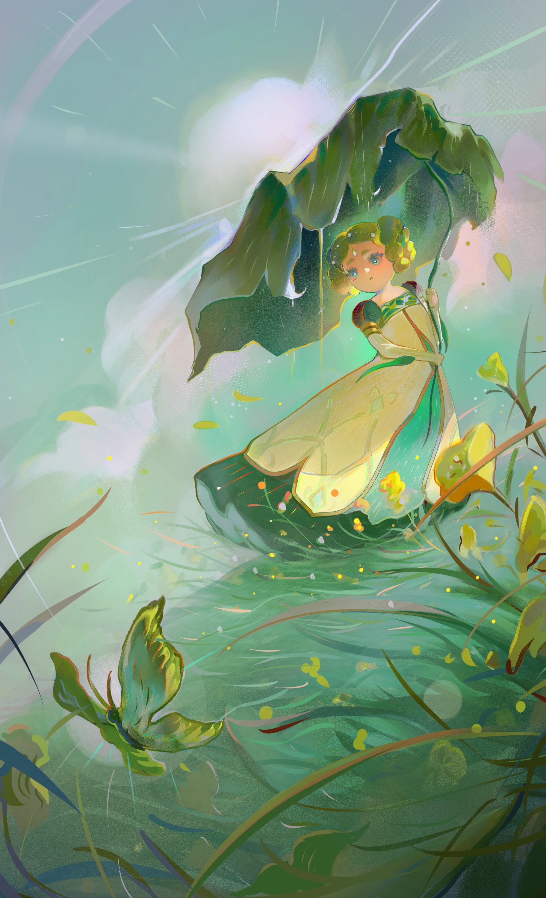 1girl absurdres afk_(series) afk_journey aqua_eyes braid braided_hair_rings brown_hair bug butterfly cloud cloudy_sky cupi_cupidi day dress flower forehead forehead_jewel from_below full_body grass green_theme hair_rings hewynn_(afk) highres holding holding_leaf insect jewelry layered_sleeves leaf leaf_umbrella light_rays long_sleeves looking_to_the_side open_mouth outdoors puffy_short_sleeves puffy_sleeves short_eyebrows short_hair short_over_long_sleeves short_sleeves sky solo standing sunbeam sunlight thick_eyebrows twin_braids white_dress yellow_flower yellow_petals