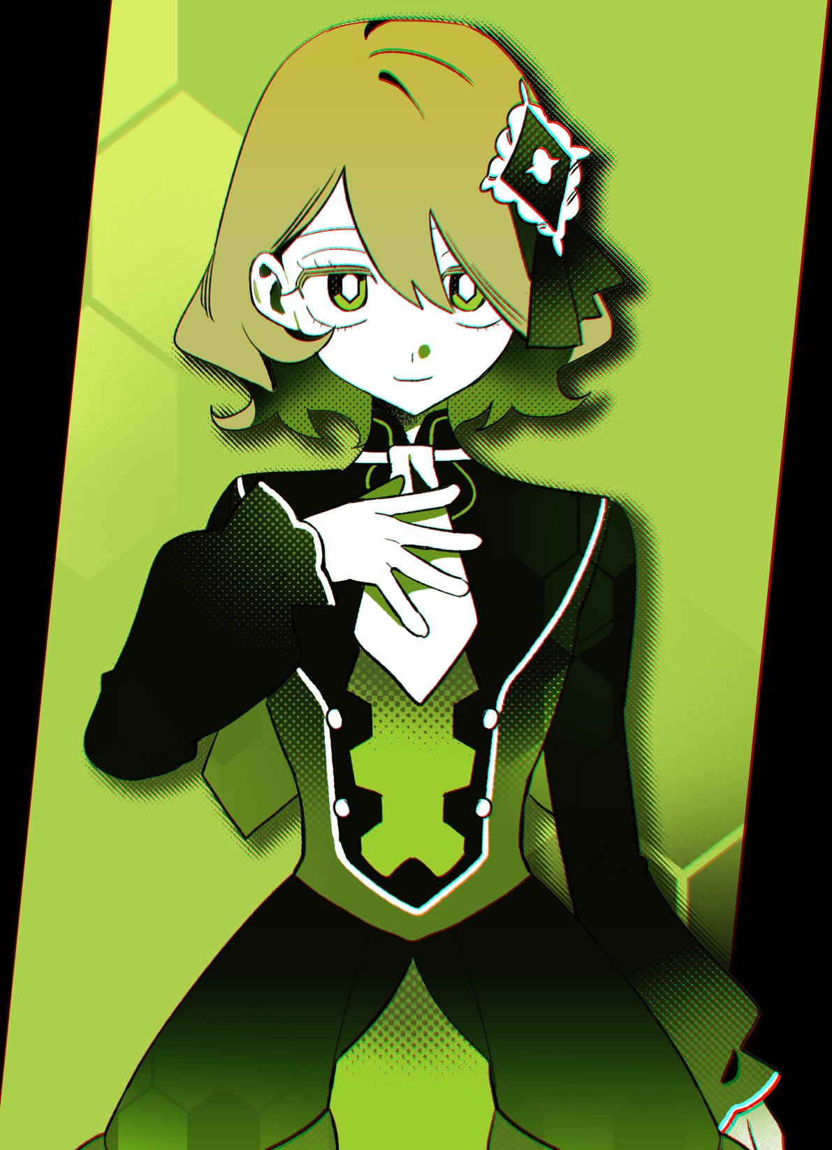 1brad 1girl arm_at_side blonde_hair bright_pupils dress eyelashes green_background green_eyes hair_between_eyes hair_ribbon hand_up highres long_sleeves looking_at_viewer necktie nintendo official_alternate_costume pokemon pokemon_masters_ex ribbon serena_(pokemon) serena_(sygna_suit)_(pokemon) short_hair short_necktie solo white_necktie white_pupils